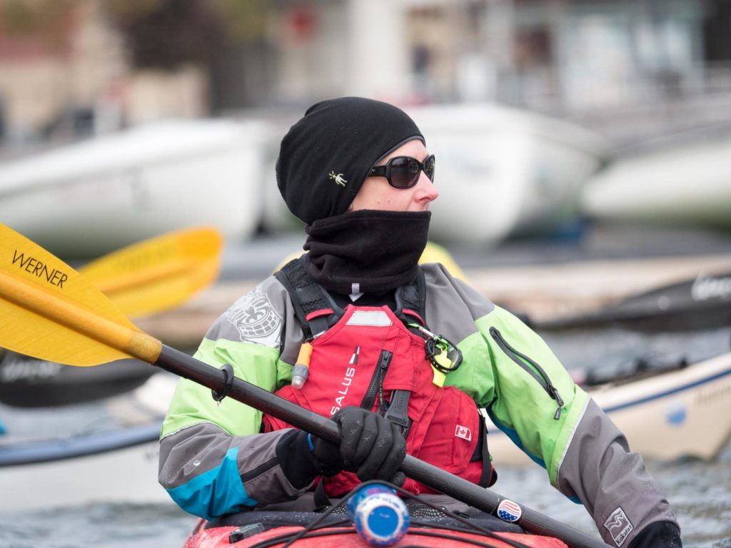 Susannah has the right attire for the day. Drysuit. PFD. Gloves. Beanie+Neck Warmer. In her hatch, she as a storm cag for anyone that goes into the water.