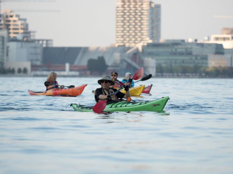 People out on a social kayak paddle in Toronto at Harbourfront Canoe &amp; Kayak Center